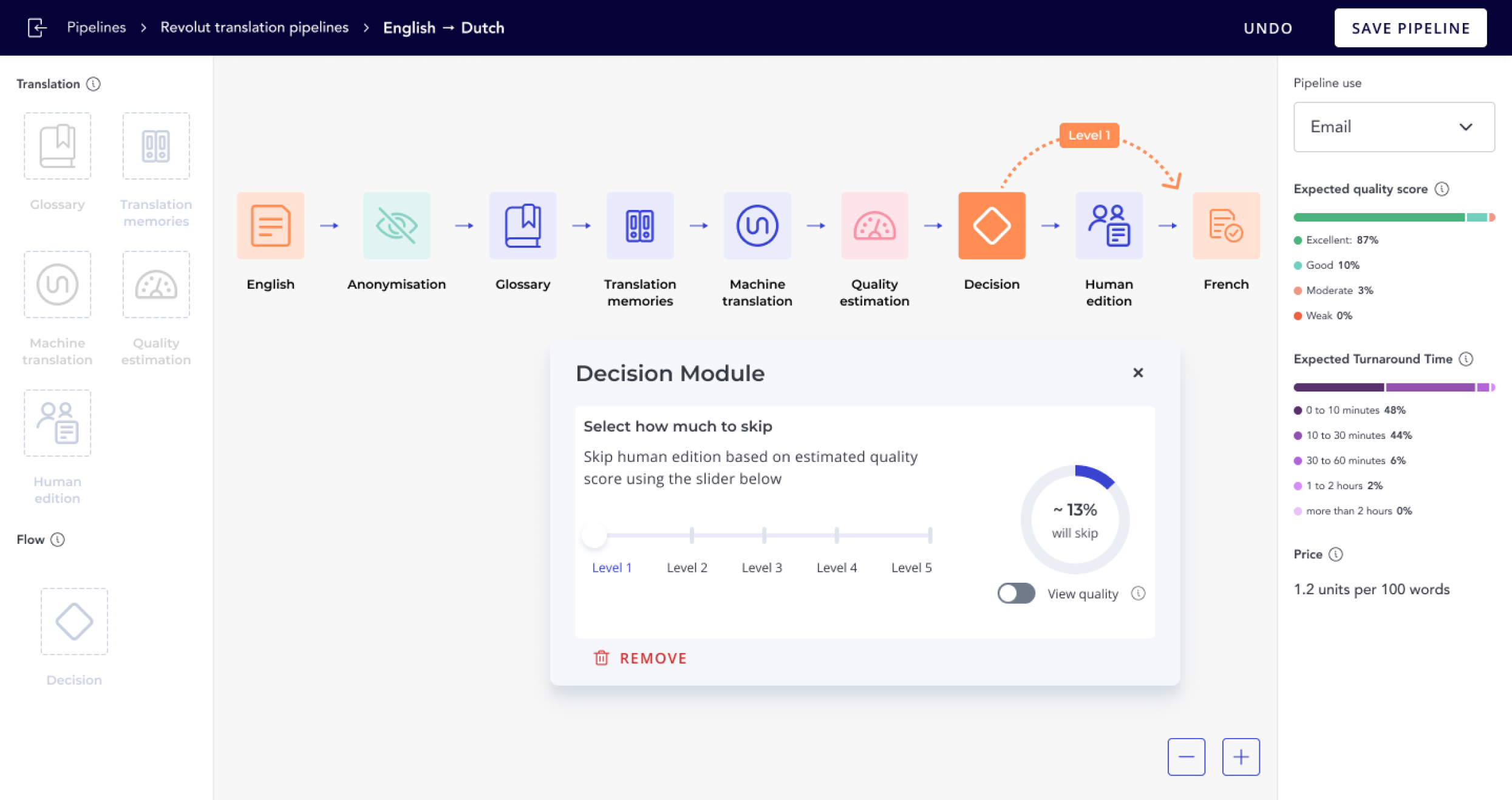 The Decision Module — final UI in the Unbabel pipeline editor