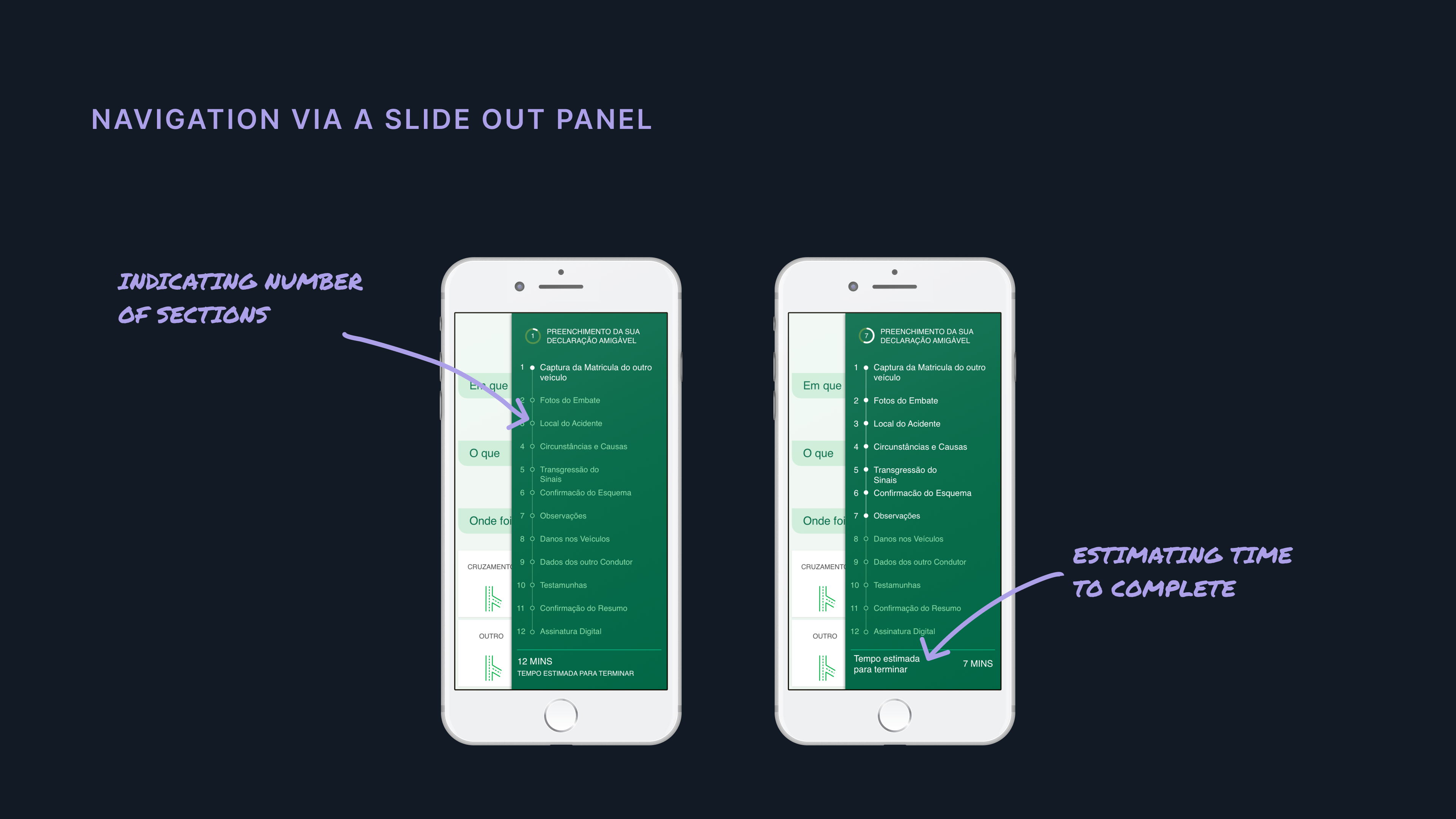 Navigation drawer giving users a sense of progress across sections